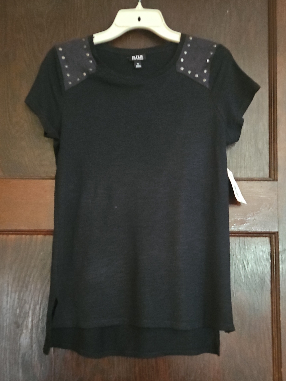 a.n.a Black Short Sleeve Top with Studded Shoulder Panels